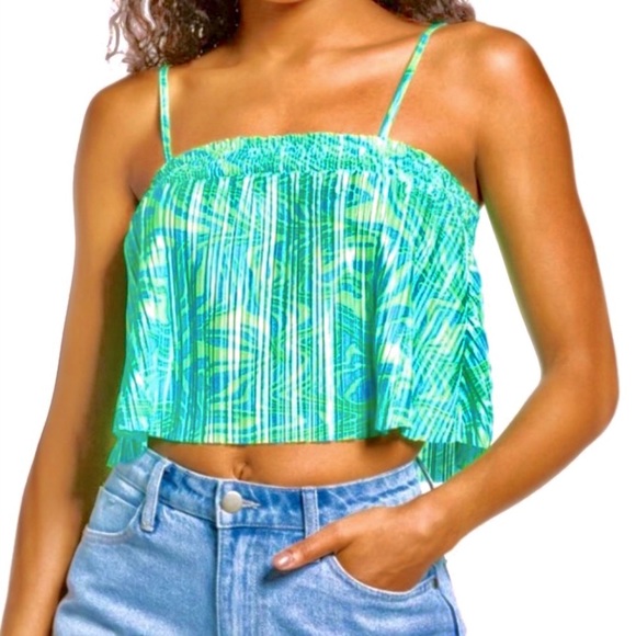 NWT Satin Cropped Plisse Tank Top Green Ziggy Zebra - Picture 4 of 10